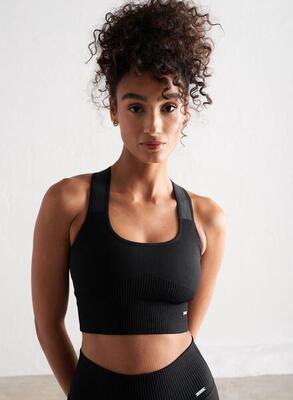 Damen Pilates Sport-BH Starker Halt Gerippt Nahtlos Schwarz