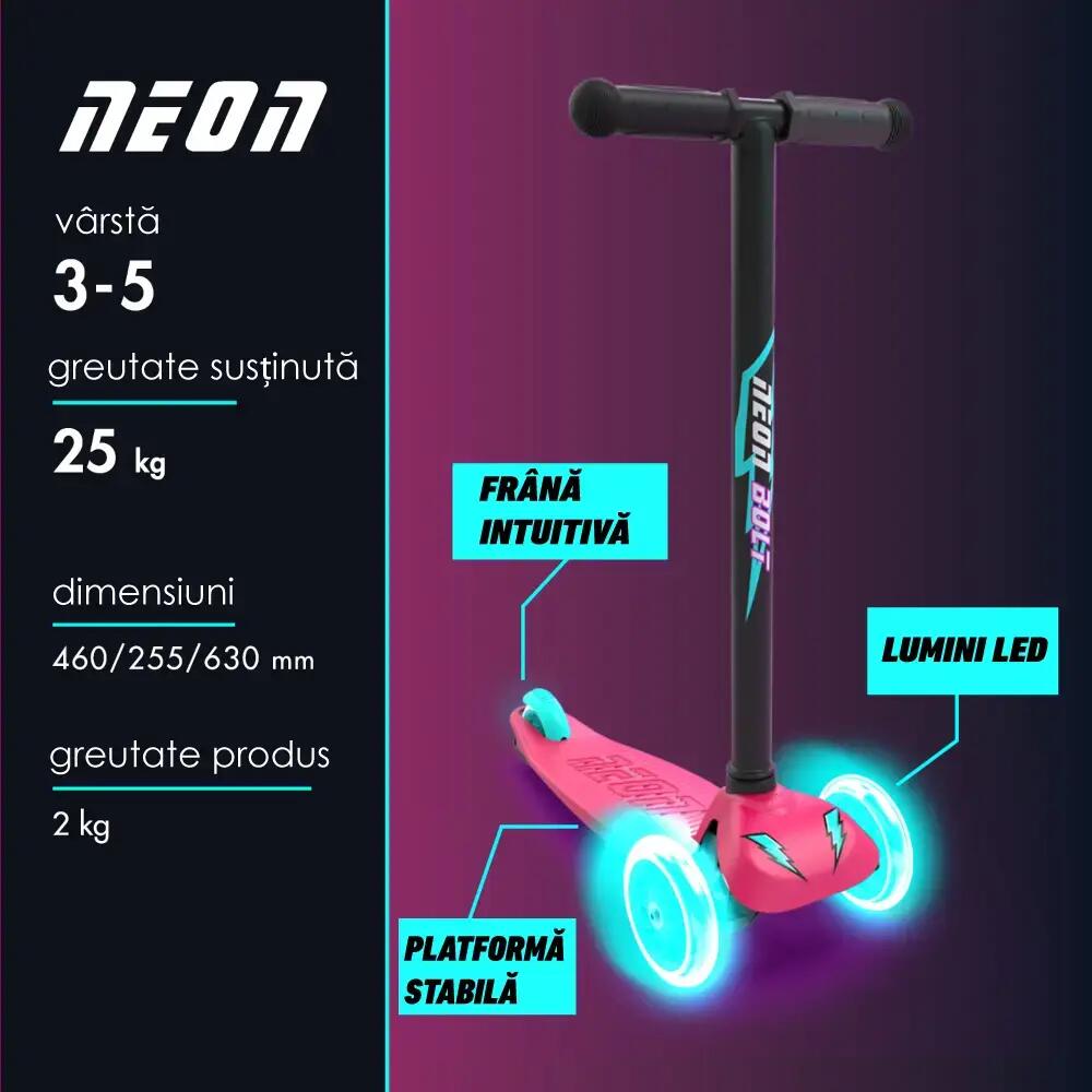 Yvolution: Neon Bolt háromkerekű roller világító kerékkel - Rózsaszín 4/6
