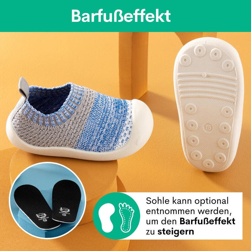 FREILUFTKIND Jukku Barfußschuhe rutschfest Kinder (6-12 Monate / Blau & Grau)