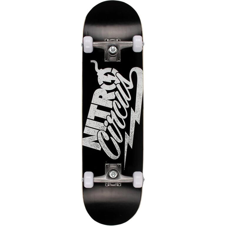 Black complete skateboard with printed graphic deck