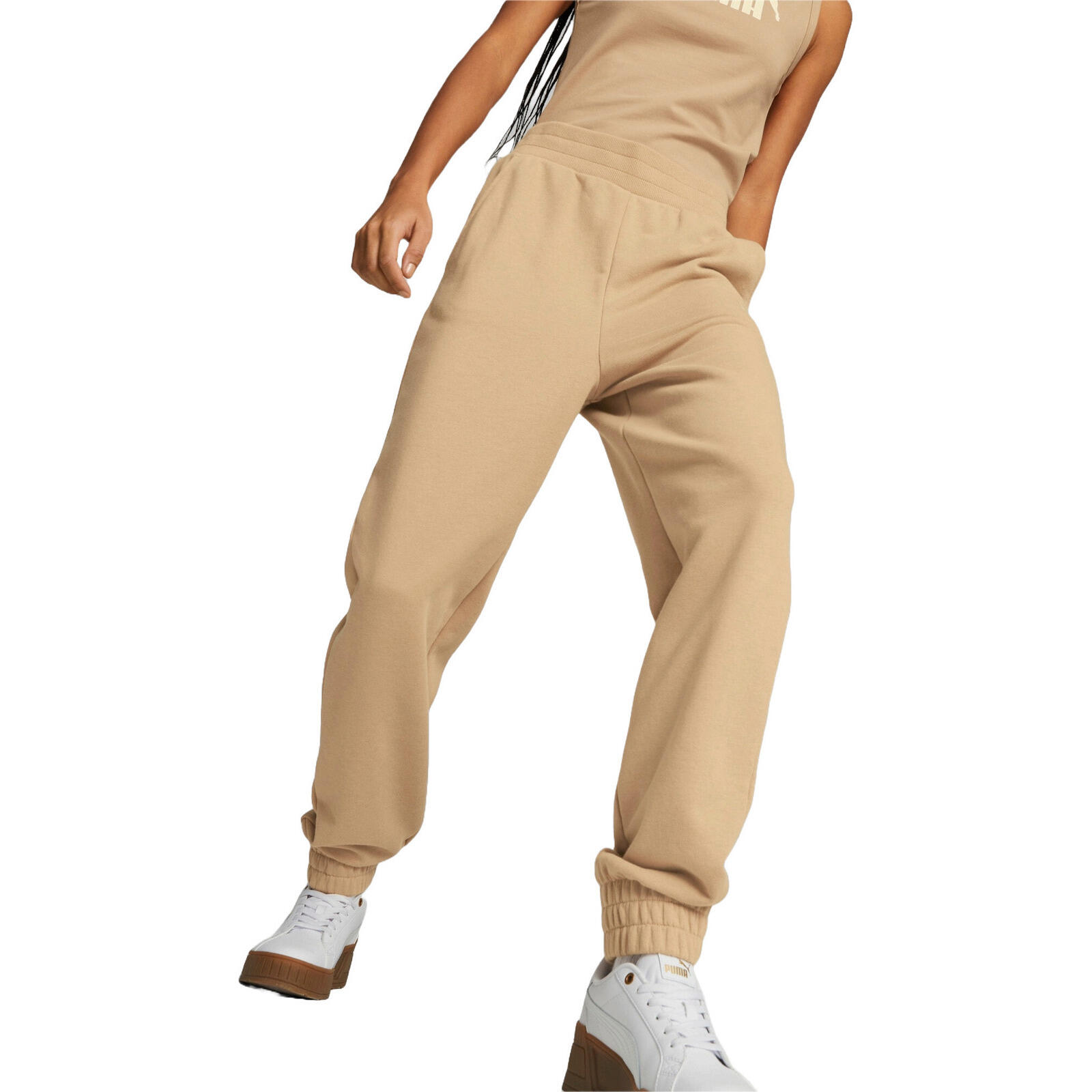 Calça puma ess embroidery high-waist pants tr cl d, bege, mulheres