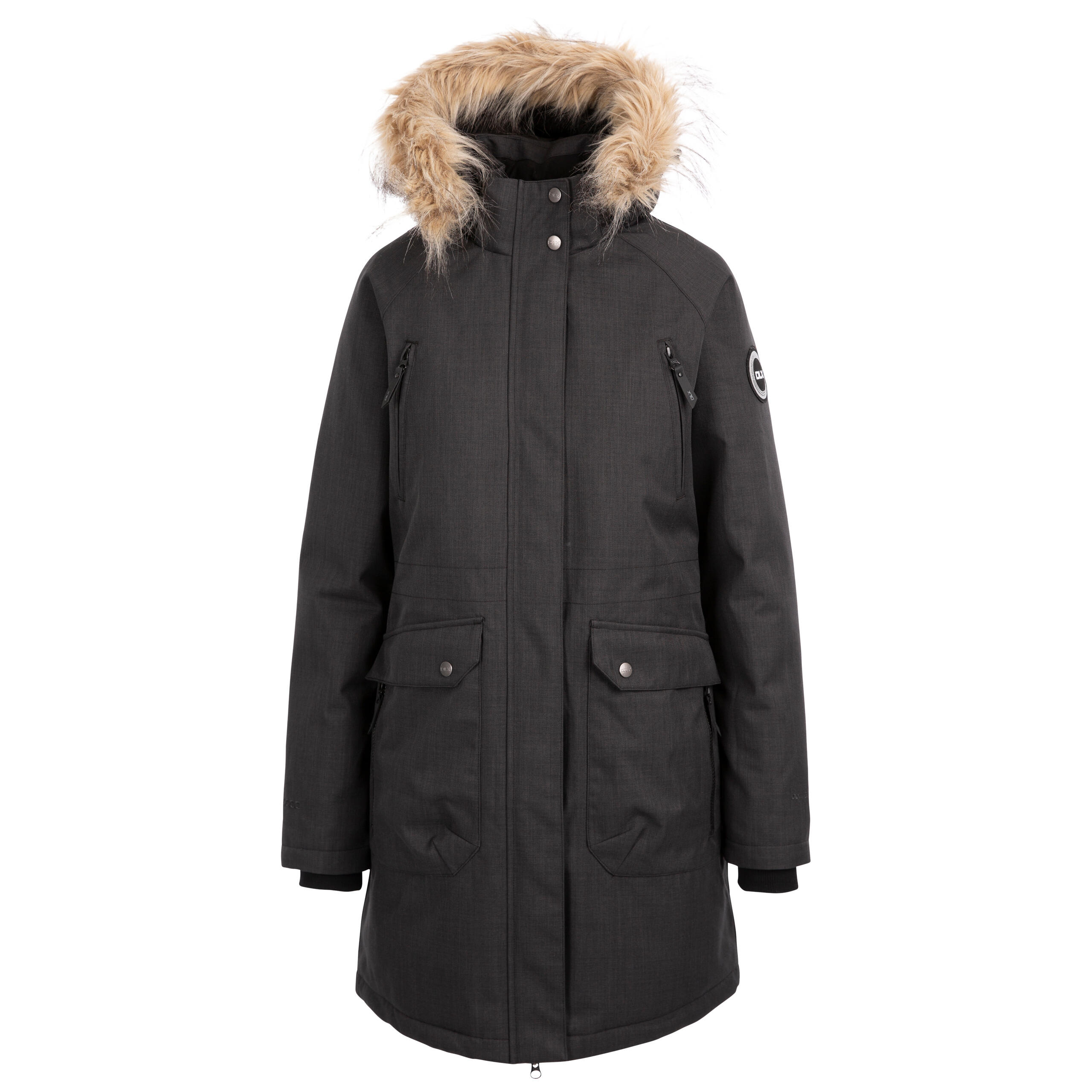 DLX Womens Down Jacket Long Length Full Front Zip Detachable Hood Fur Trim Dana