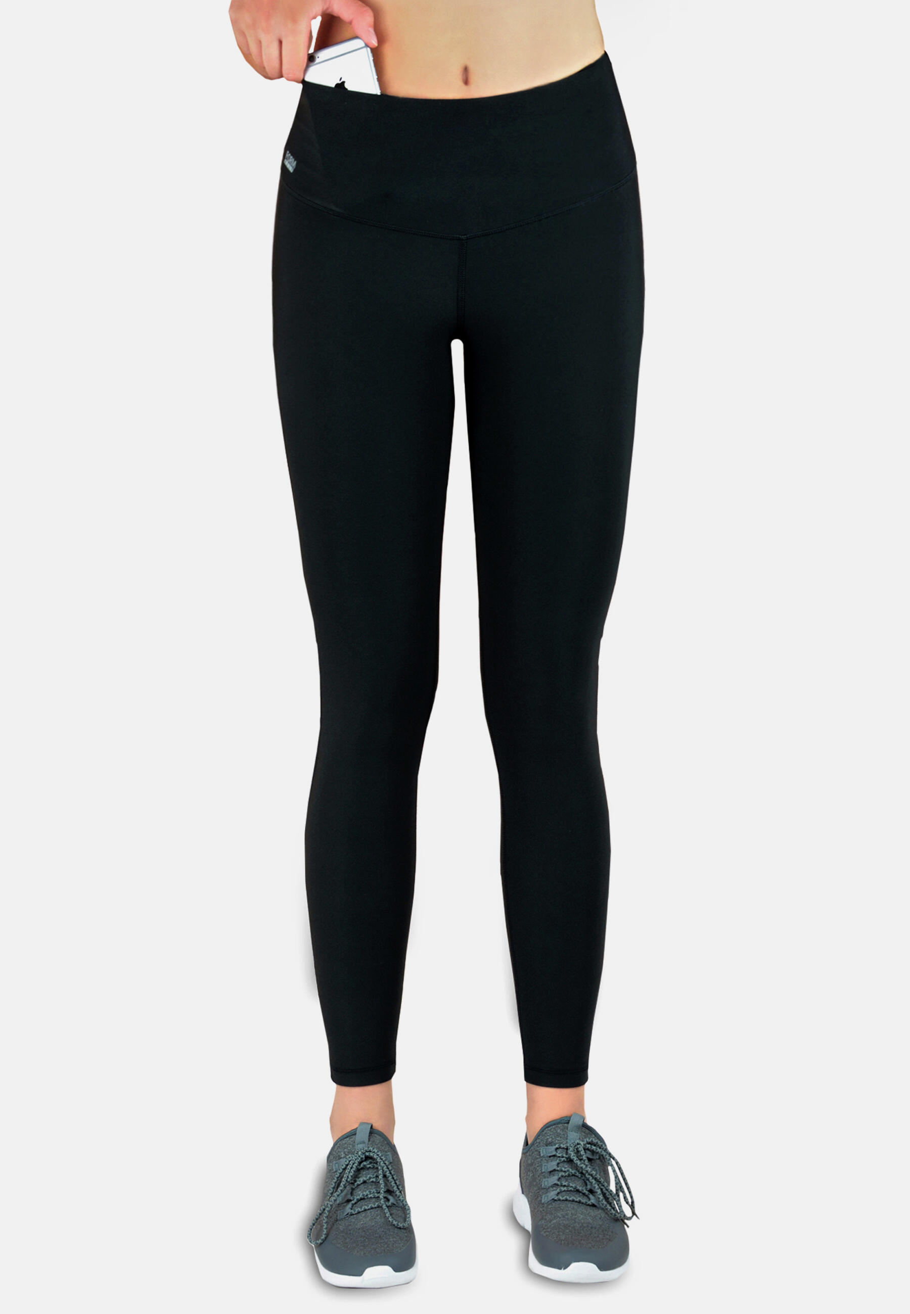 Leggings Corsa Lunghi Donna Vita Alta, Traspirante, con Tasca Telefono - Nero 3/5