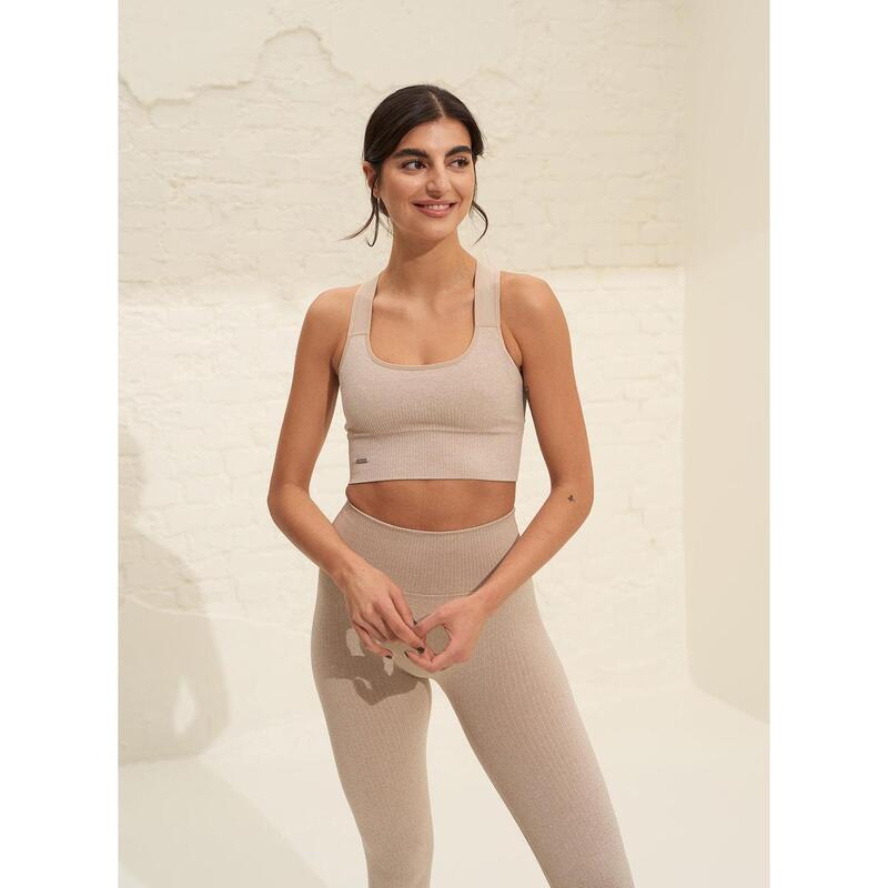 Beige High Support Ribbed Bra