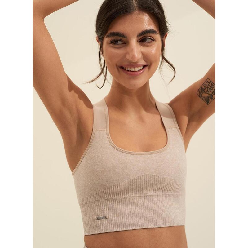 Beige High Support Ribbed Bra