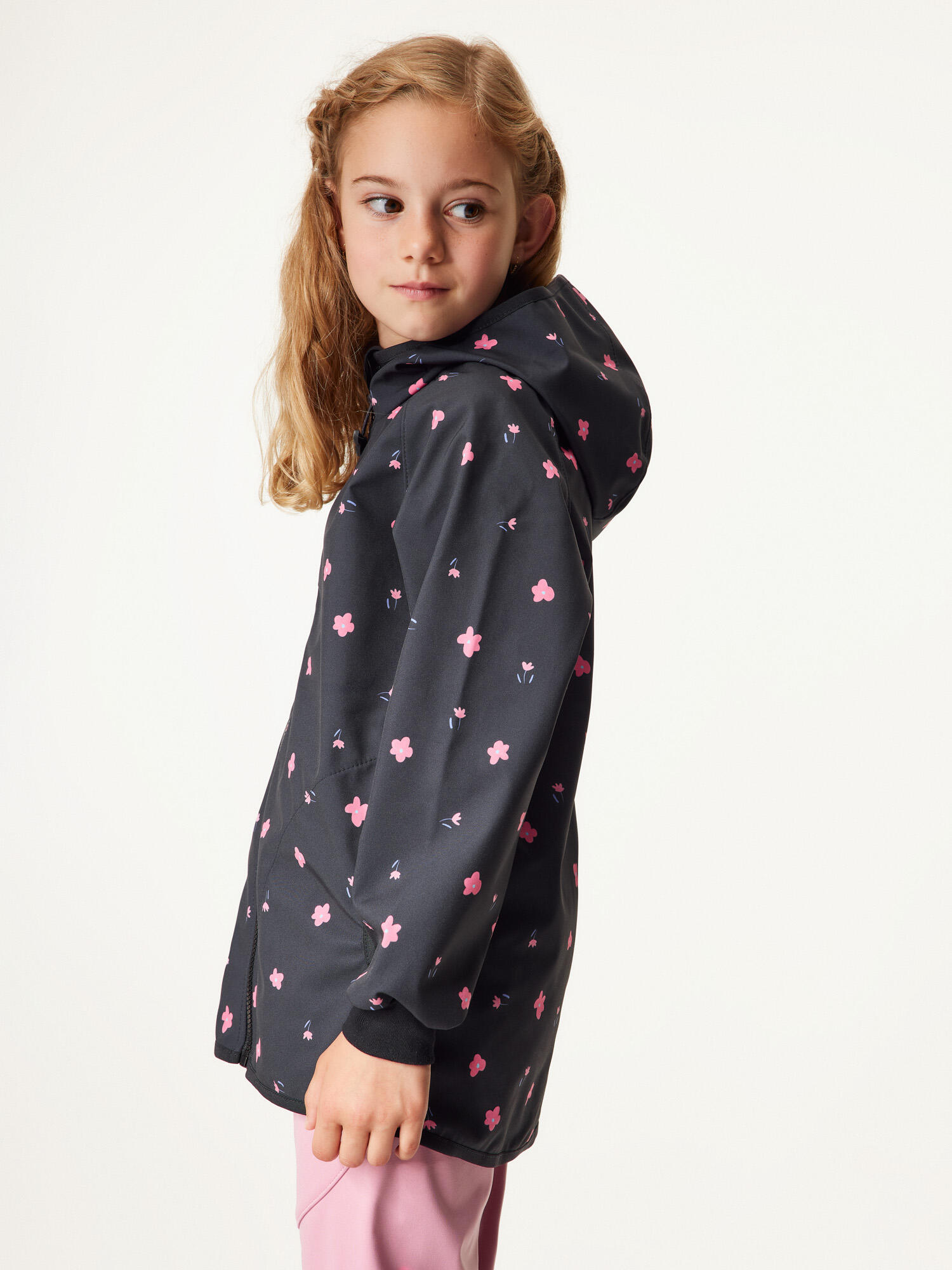 Elastische, ungefütterte Softshell-Jacke für Kinder Basic, Schwarz, Blumen 3/6