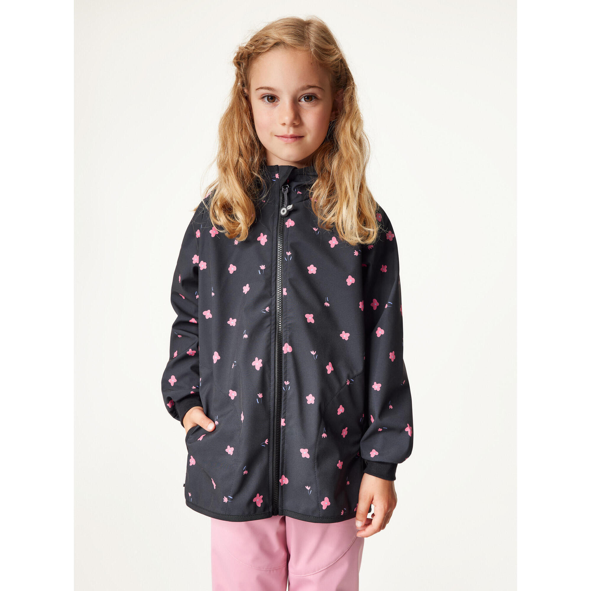 UNUO Dětská softshellová bunda bez zateplení pružná Basic, Černá, Květiny