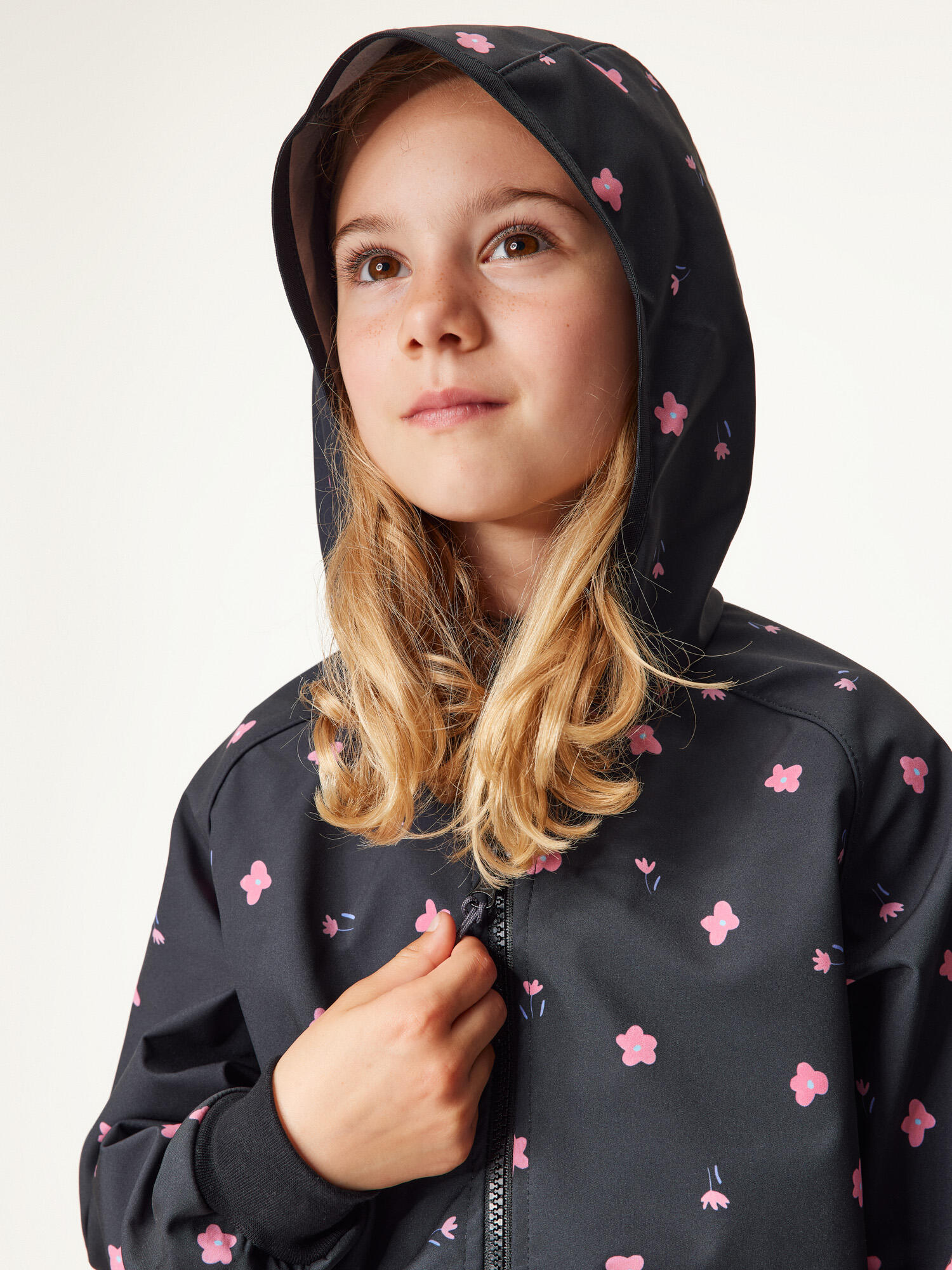 Elastische, ungefütterte Softshell-Jacke für Kinder Basic, Schwarz, Blumen 2/6