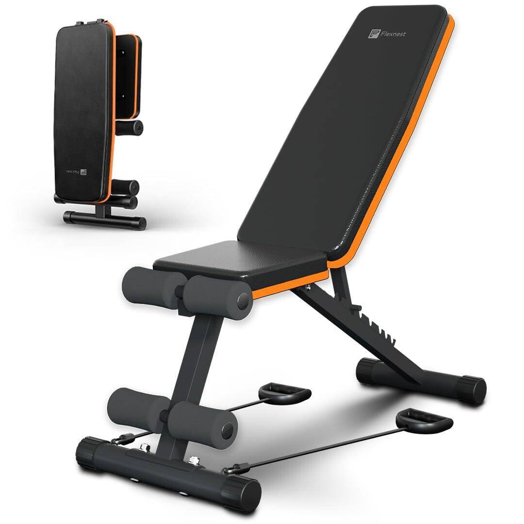 Flexnest Flexbench EZ Foldable Flat Gym Bench Incline, Decline with Resistance Ropes & Flat 250 Kg Weight Capacity - Black