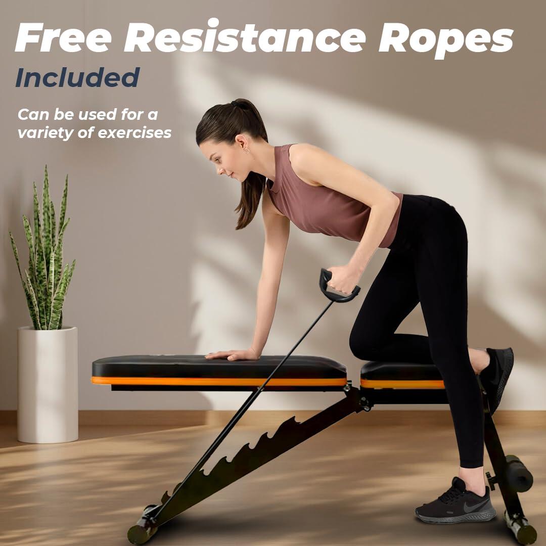 Flexnest Flexbench EZ Foldable Flat Gym Bench Incline, Decline with Resistance Ropes & Flat 250 Kg Weight Capacity - Black