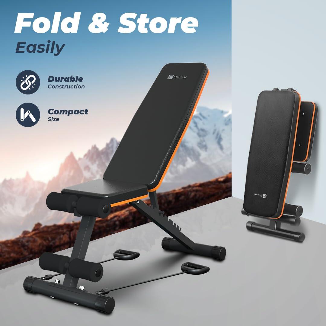 Flexnest Flexbench EZ Foldable Flat Gym Bench Incline, Decline with Resistance Ropes & Flat 250 Kg Weight Capacity - Black