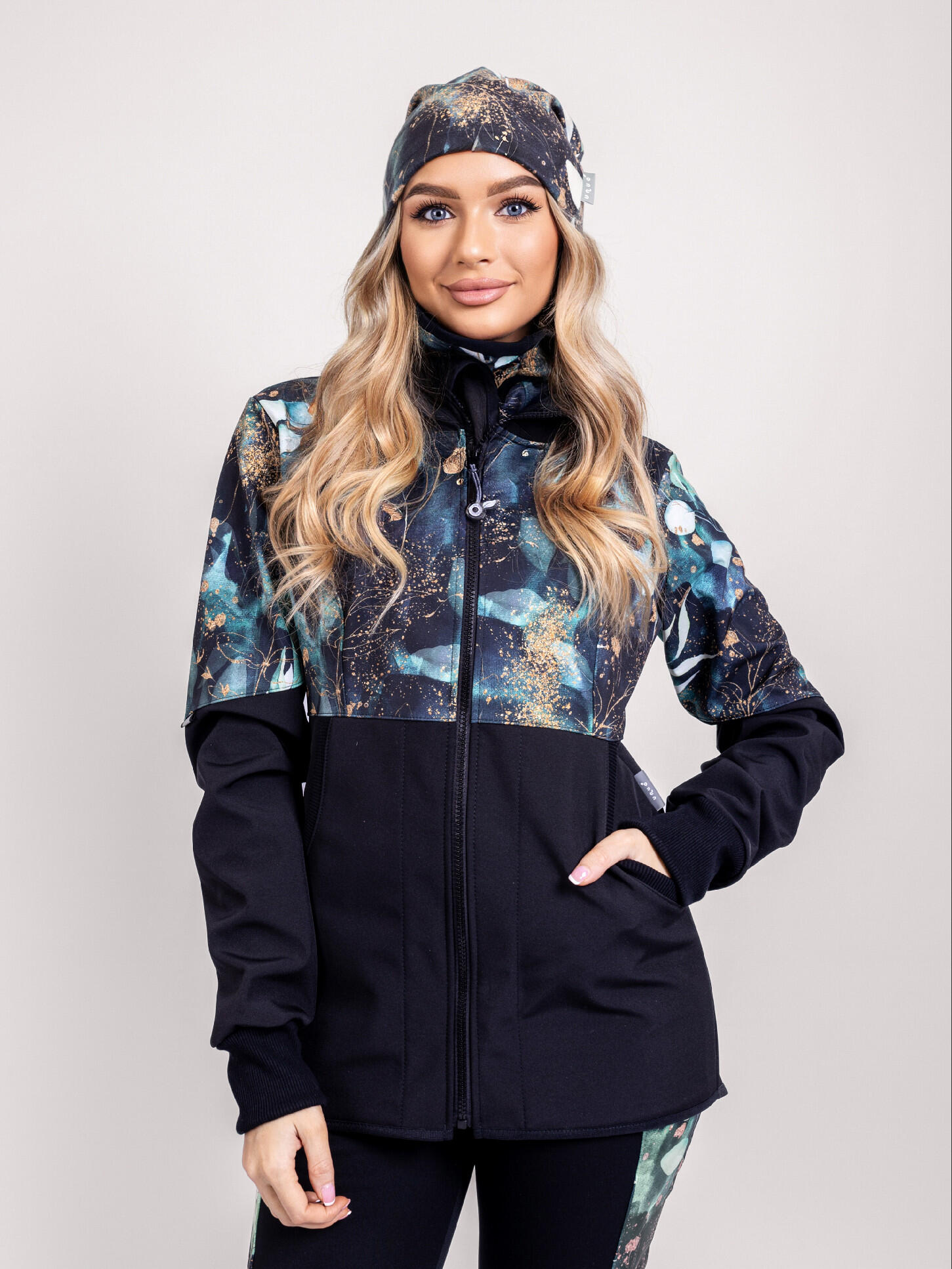 Softshell-Jacke mit Fleece für Damen Street, Schwarz, Blätter und Zweige 2/7