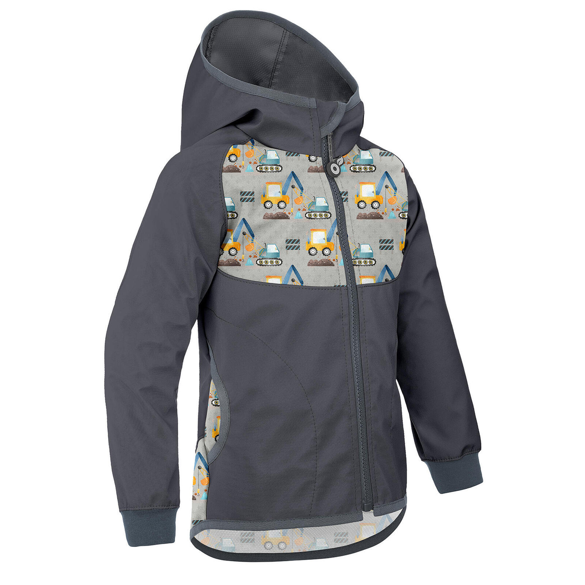 UNUO Dětská softshellová bunda bez zateplení Basic, Tm. Šedá, Bagry