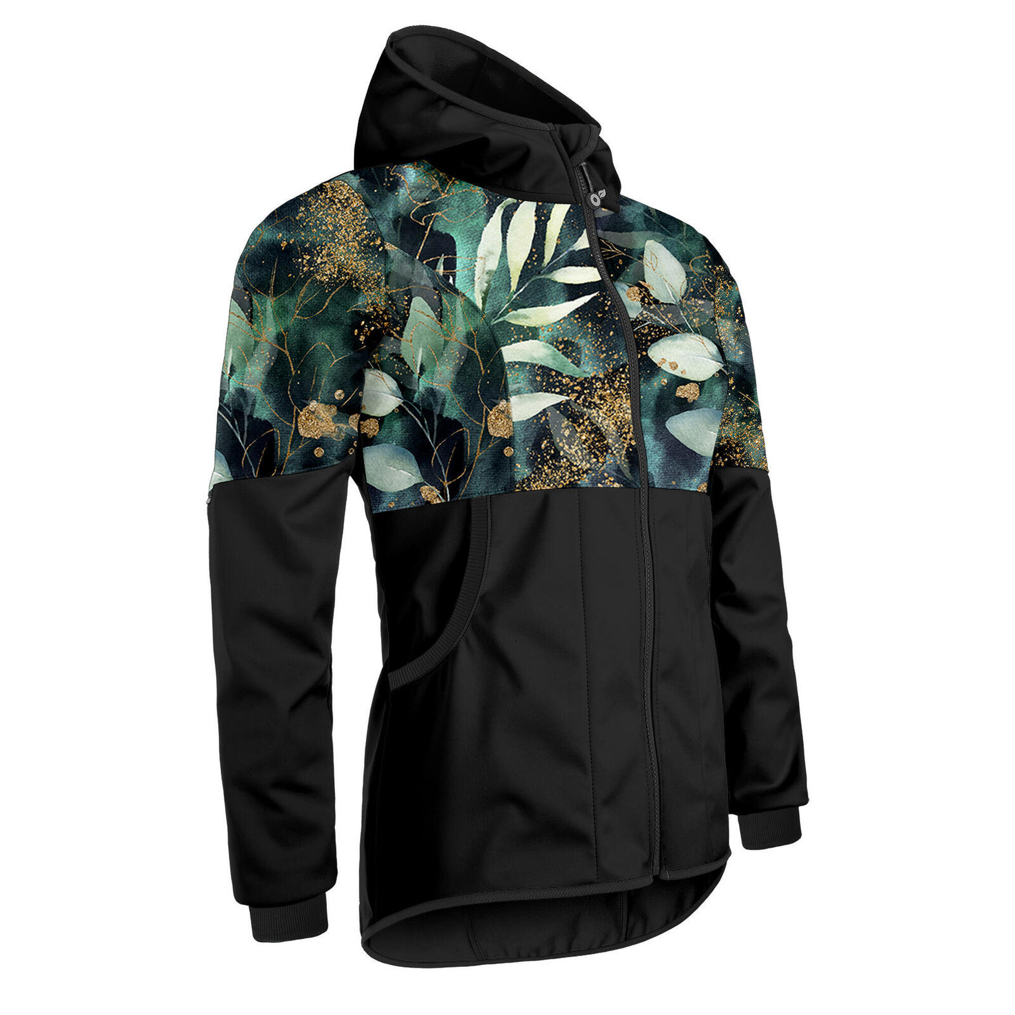 UNUO Dámská softshellová bunda s fleecem Street, Černá, Listy a větvičky