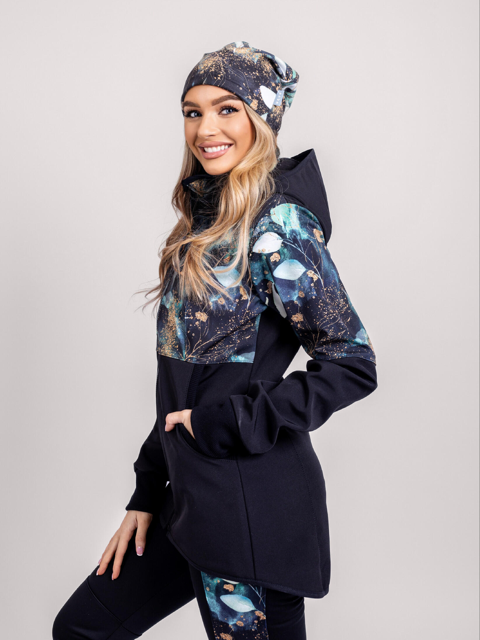 Softshell-Jacke mit Fleece für Damen Street, Schwarz, Blätter und Zweige 3/7