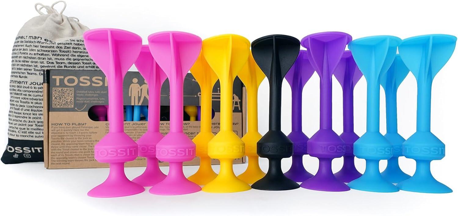 TOSSIT TOSSIT Zuignap Dartspel Siliconen, Family Pack, Roze Paars Blauw Geel