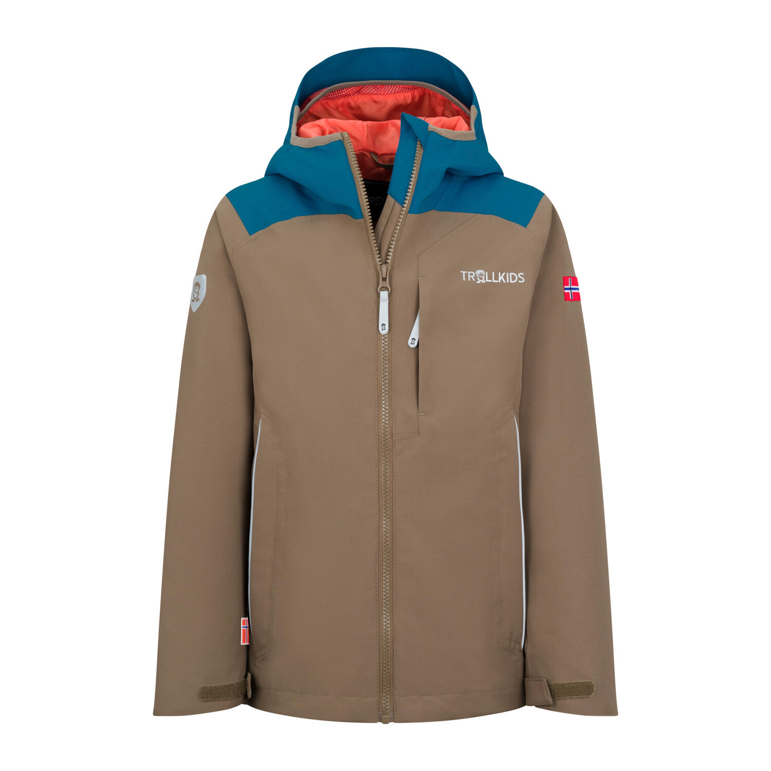 TROLLKIDS Kinder Regenjacke Bergen Mokkabraun/Atlantisblau/Orange