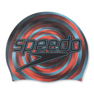 Speedo junior bedrukte siliconen cap - zwart/neon absinthe/lava rood