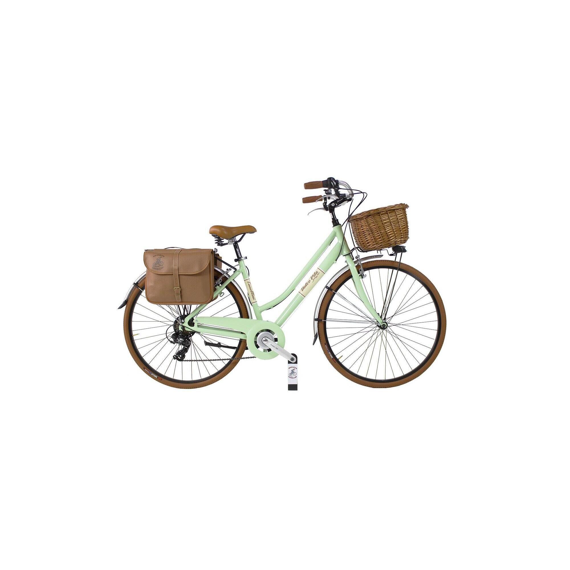 Bicicleta urbana Dolce Vita by Canellini mulher com bolsa e cesto - Verde Claro