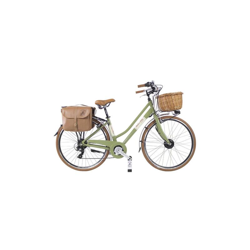 Bicicleta eléctrica urbana Dolce Vita Mujer con bolsas y cesta - Verde Oliva