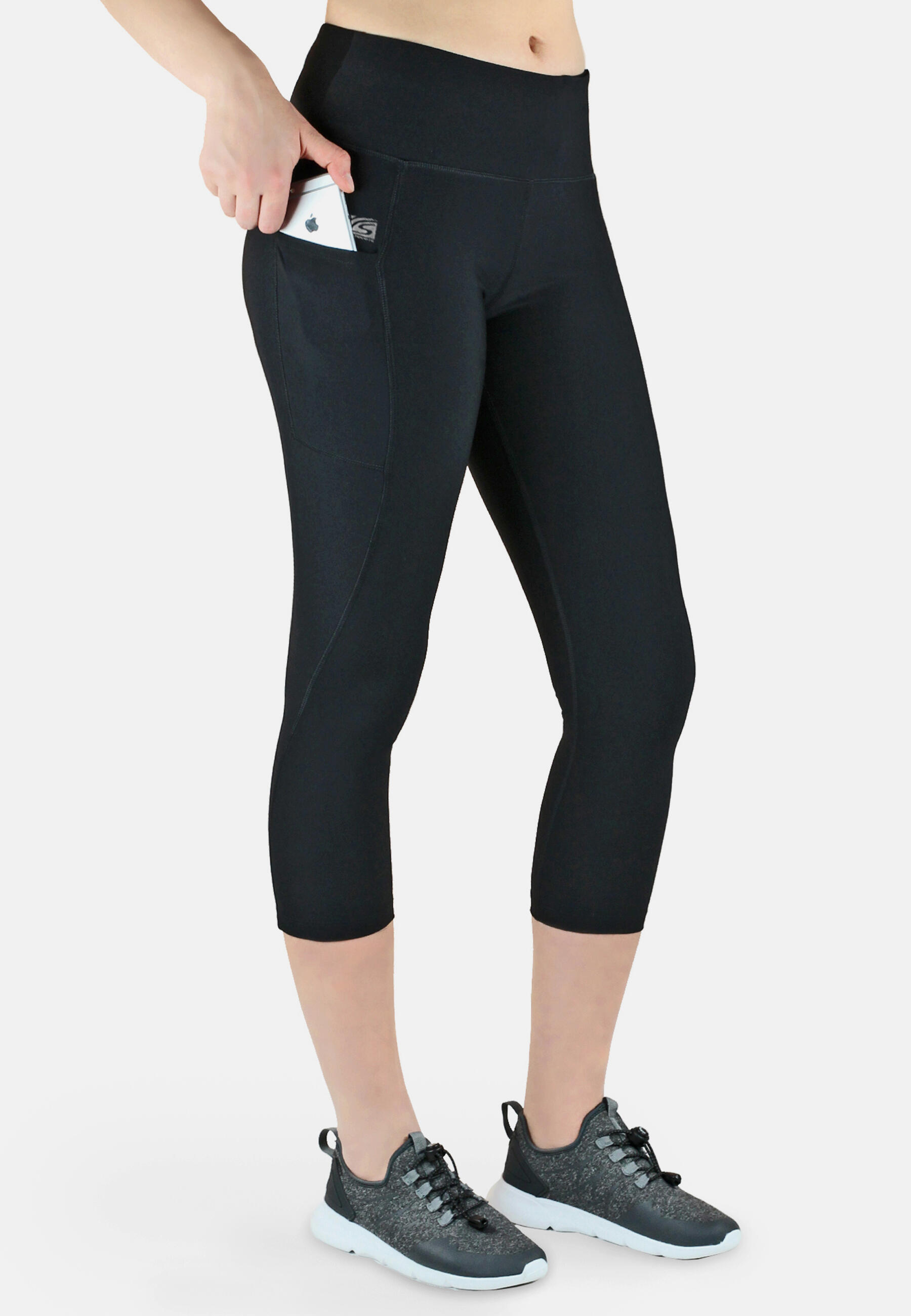 Damen 3/4 Laufhose Capri Hoher Bund, Atmungsaktiv, mit  Handytasche-schwarz 2/7