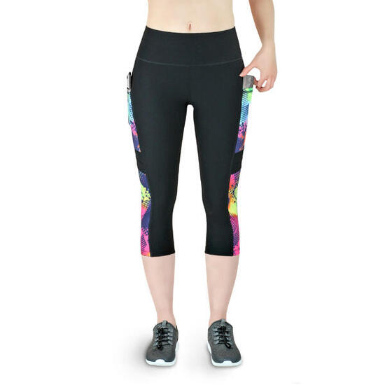 Damen 3/4 Laufhose Capri Hoher Bund, Atmungsaktiv, mit Handytasche-schwarz