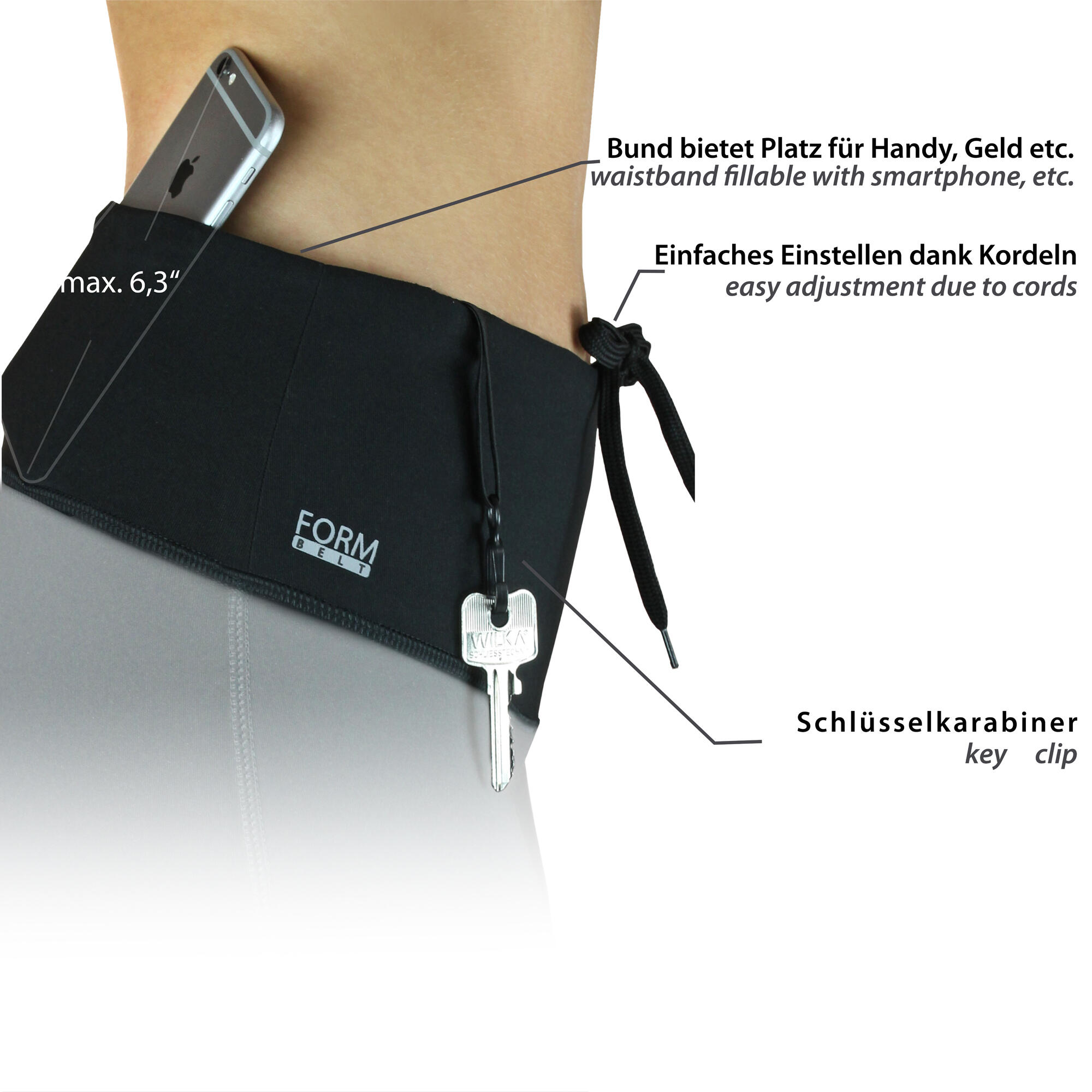 Damen lange Laufhose-Hoher Bund, Atmungsaktiv, mit Handytasche-schwarz-grau 3/7