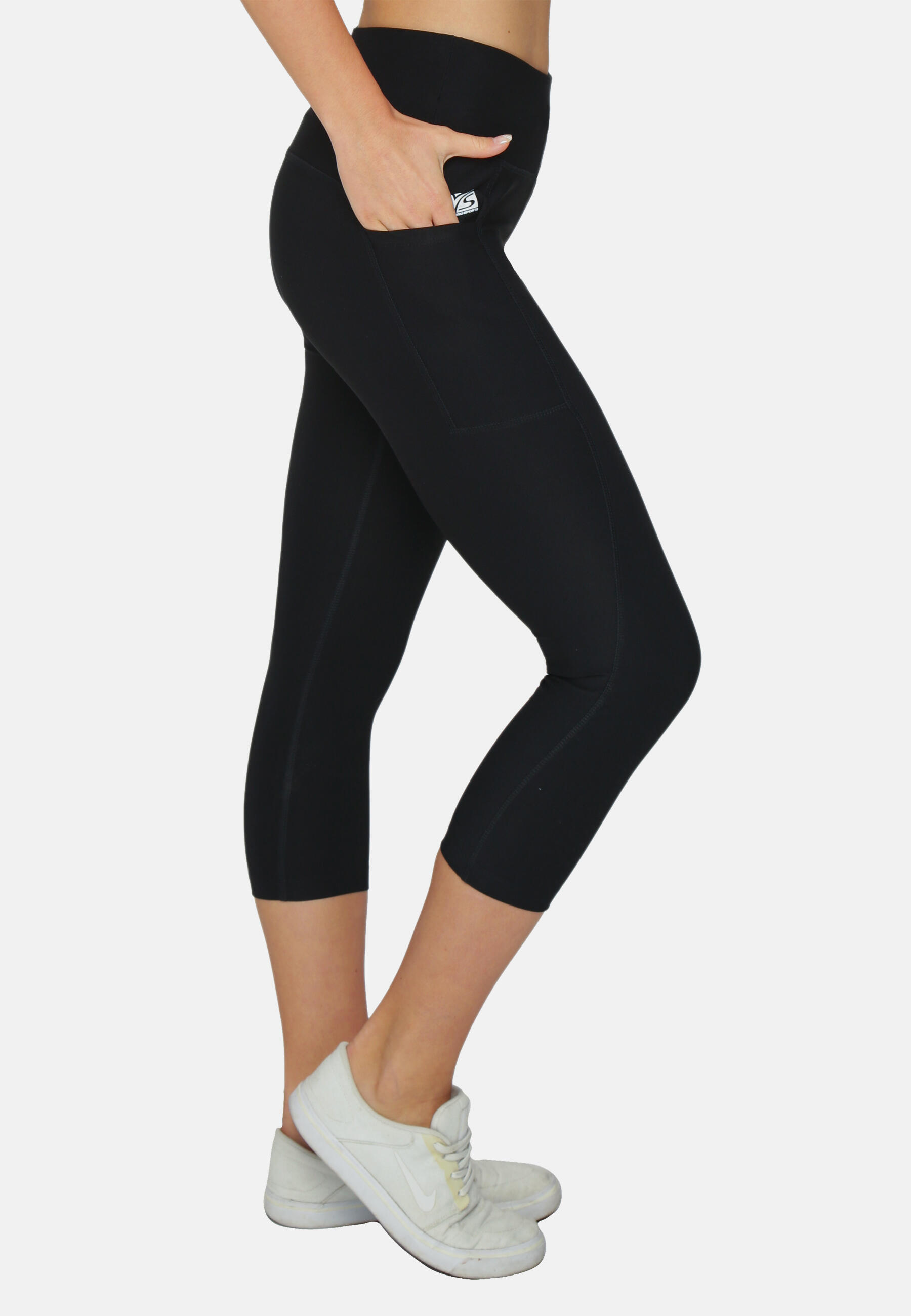 Damen 3/4 Laufhose Capri Hoher Bund, Atmungsaktiv, mit  Handytasche-schwarz 5/7
