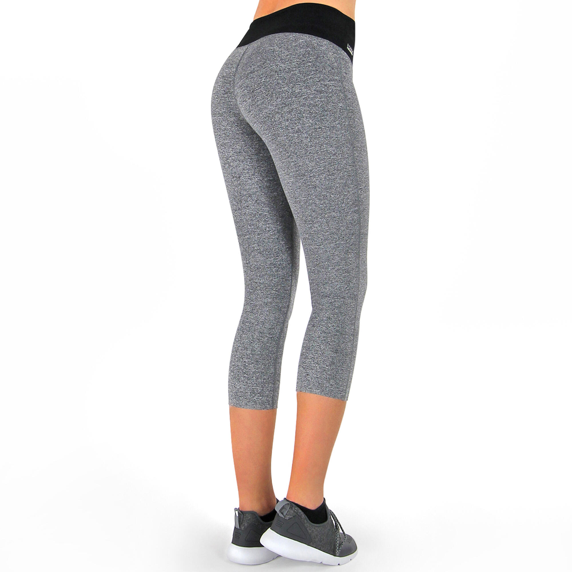 Damen 3/4 Laufhose Capri Hoher Bund, Atmungsaktiv, mit  Handytasche-grau 6/7