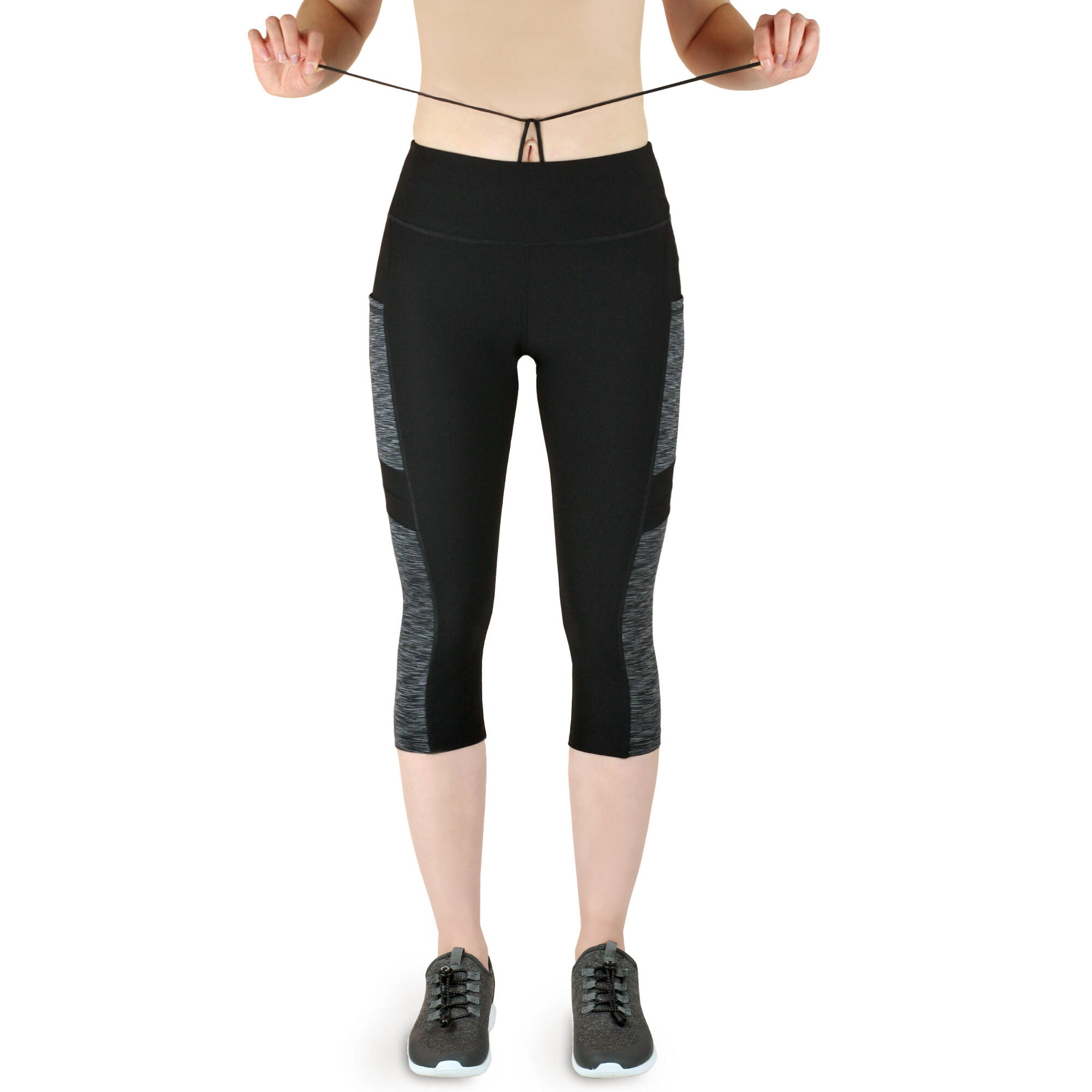 Damen 3/4 Laufhose Capri Hoher Bund, Atmungsaktiv, mit  Handytasche-grau schwarz 3/7