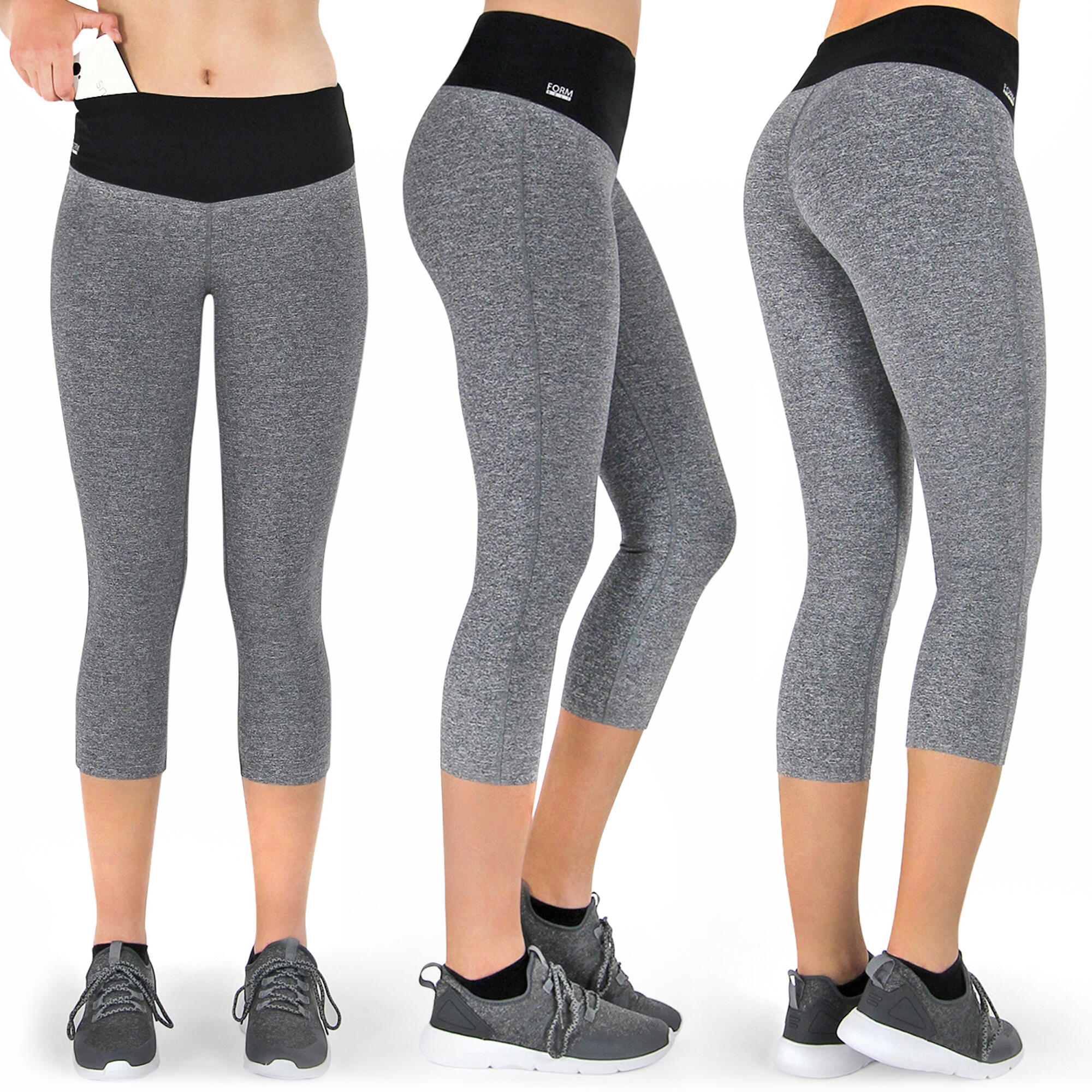Damen 3/4 Laufhose Capri Hoher Bund, Atmungsaktiv, mit  Handytasche-grau 2/7