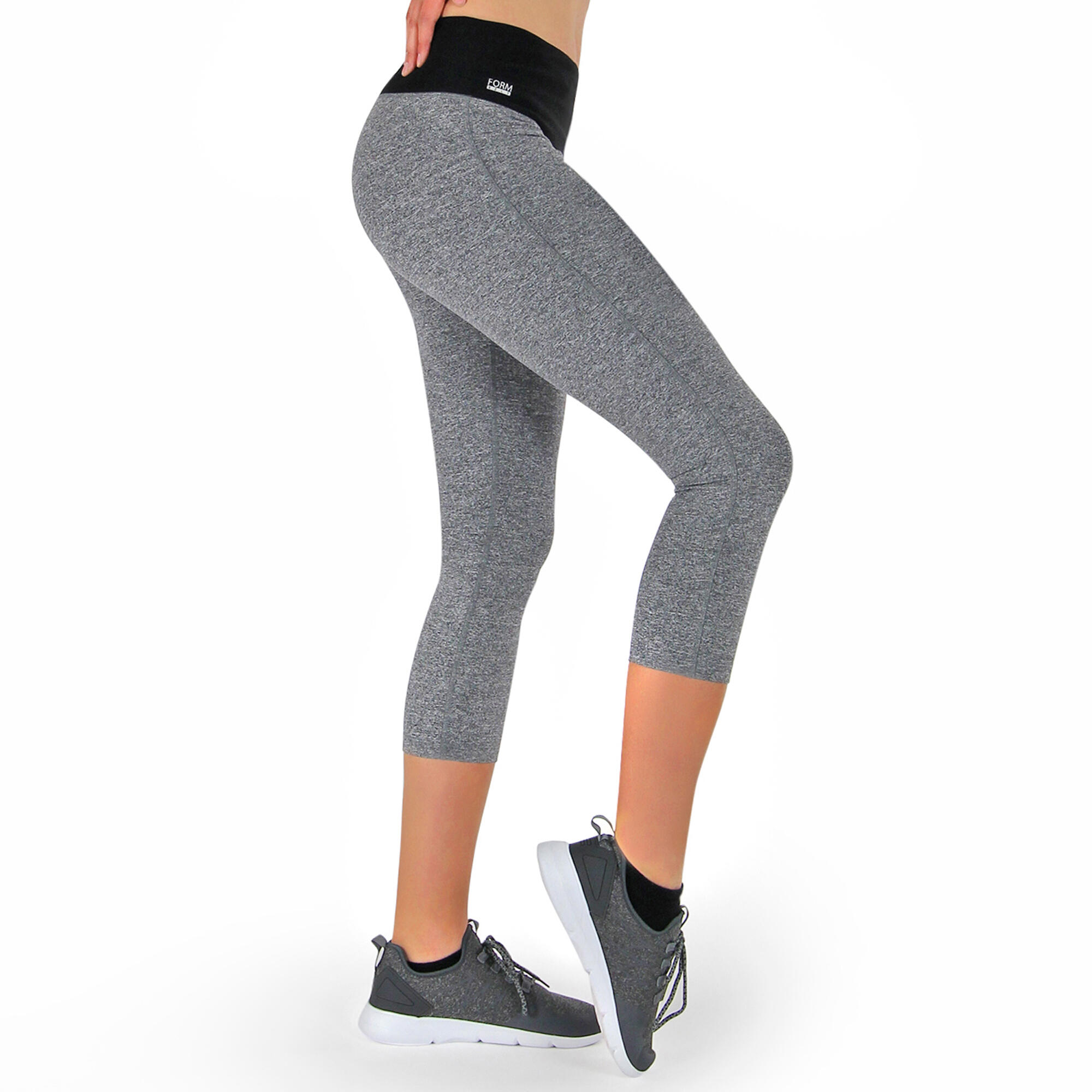 Damen 3/4 Laufhose Capri Hoher Bund, Atmungsaktiv, mit  Handytasche-grau 5/7
