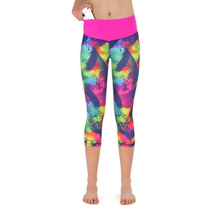 Damen 3/4 Laufhose Capri Hoher Bund, Atmungsaktiv, mit Handytasche-grau