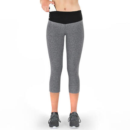 Damen 3/4 Laufhose Capri Hoher Bund, Atmungsaktiv, mit Handytasche-grau