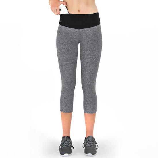 Damen 3/4 Laufhose Capri Hoher Bund, Atmungsaktiv, mit Handytasche-grau