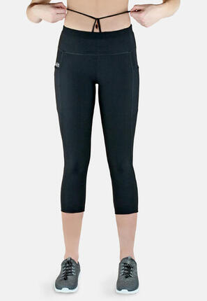 Damen 3/4 Laufhose Capri Hoher Bund, Atmungsaktiv, mit Handytasche-schwarz