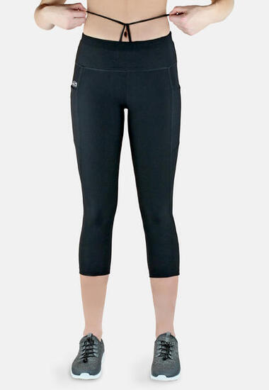 Damen 3/4 Laufhose Capri Hoher Bund, Atmungsaktiv, mit Handytasche-schwarz