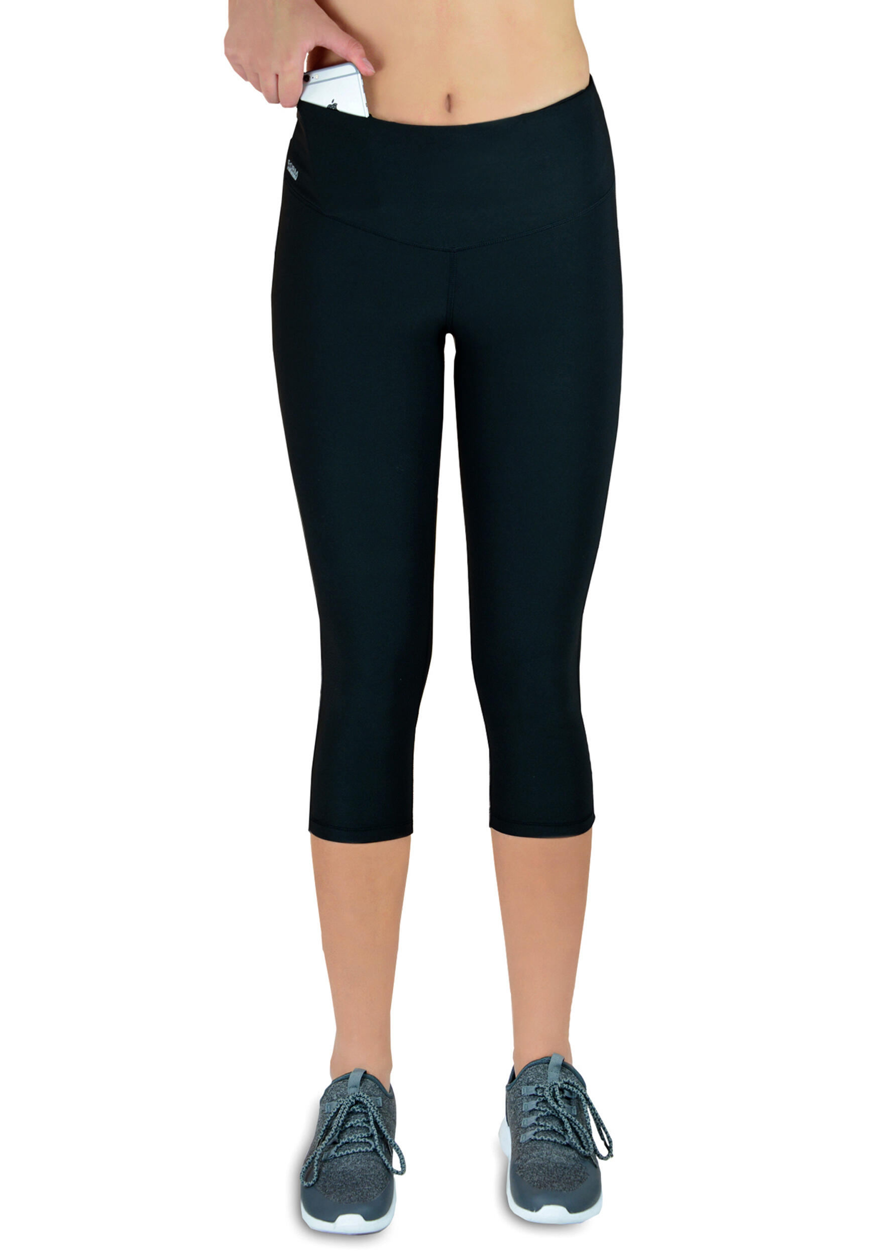 FORMBELT Damen 3/4 Laufhose Capri Hoher Bund, Atmungsaktiv, mit  Handytasche-schwarz