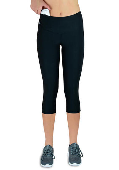 Damen 3/4 Laufhose Capri Hoher Bund, Atmungsaktiv, mit Handytasche-grau