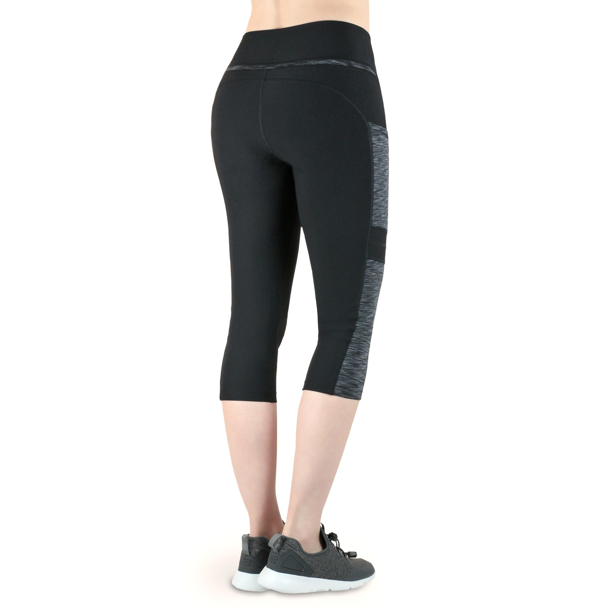 Damen 3/4 Laufhose Capri Hoher Bund, Atmungsaktiv, mit  Handytasche-grau schwarz 4/7