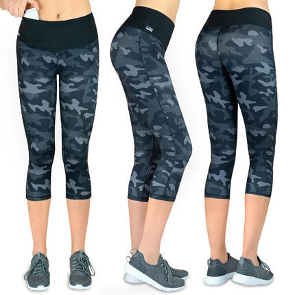 Damen 3/4 Laufhose Capri Hoher Bund, Atmungsaktiv, mit Handytasche-grau
