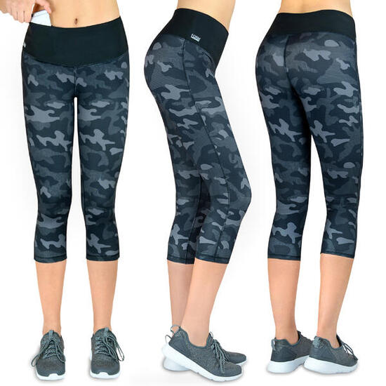 Damen 3/4 Laufhose Capri Hoher Bund, Atmungsaktiv, mit Handytasche-grau