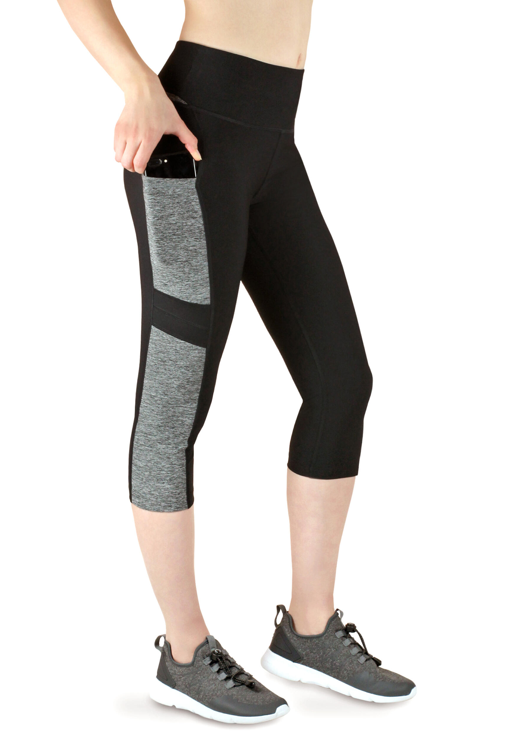 Damen 3/4 Laufhose Capri Hoher Bund, Atmungsaktiv, mit  Handytasche-grau 2/7