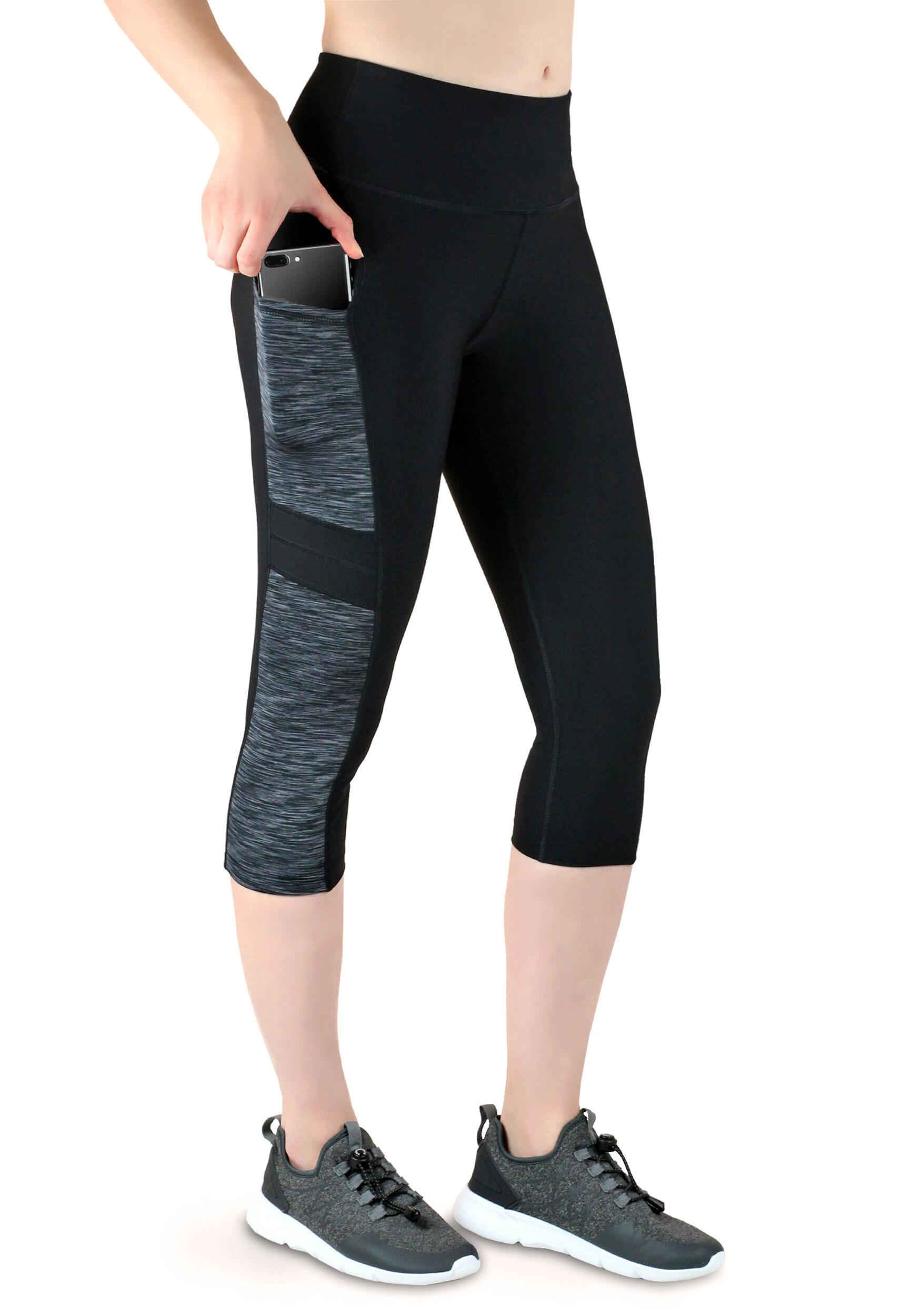 Damen 3/4 Laufhose Capri Hoher Bund, Atmungsaktiv, mit  Handytasche-grau schwarz 2/7