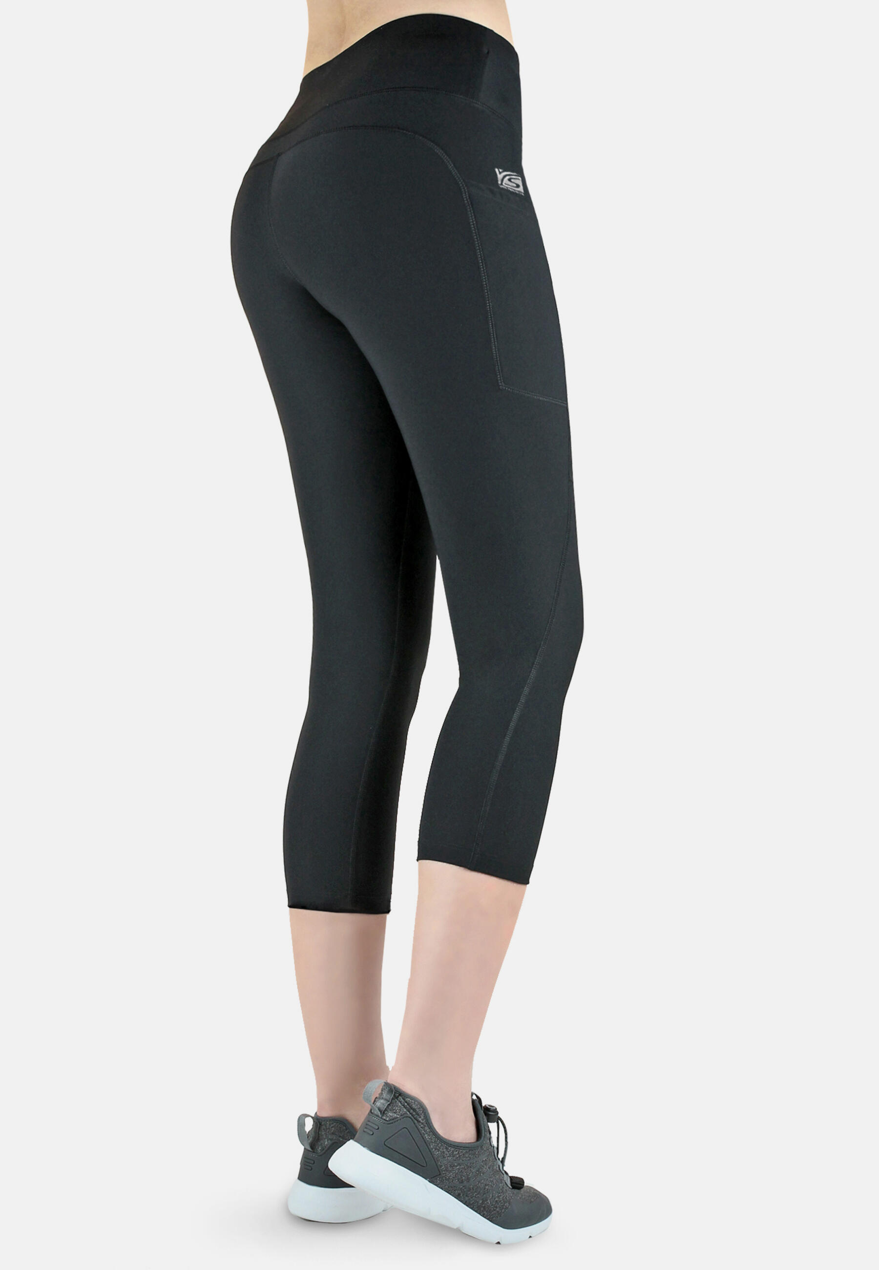 Damen 3/4 Laufhose Capri Hoher Bund, Atmungsaktiv, mit  Handytasche-schwarz 3/7