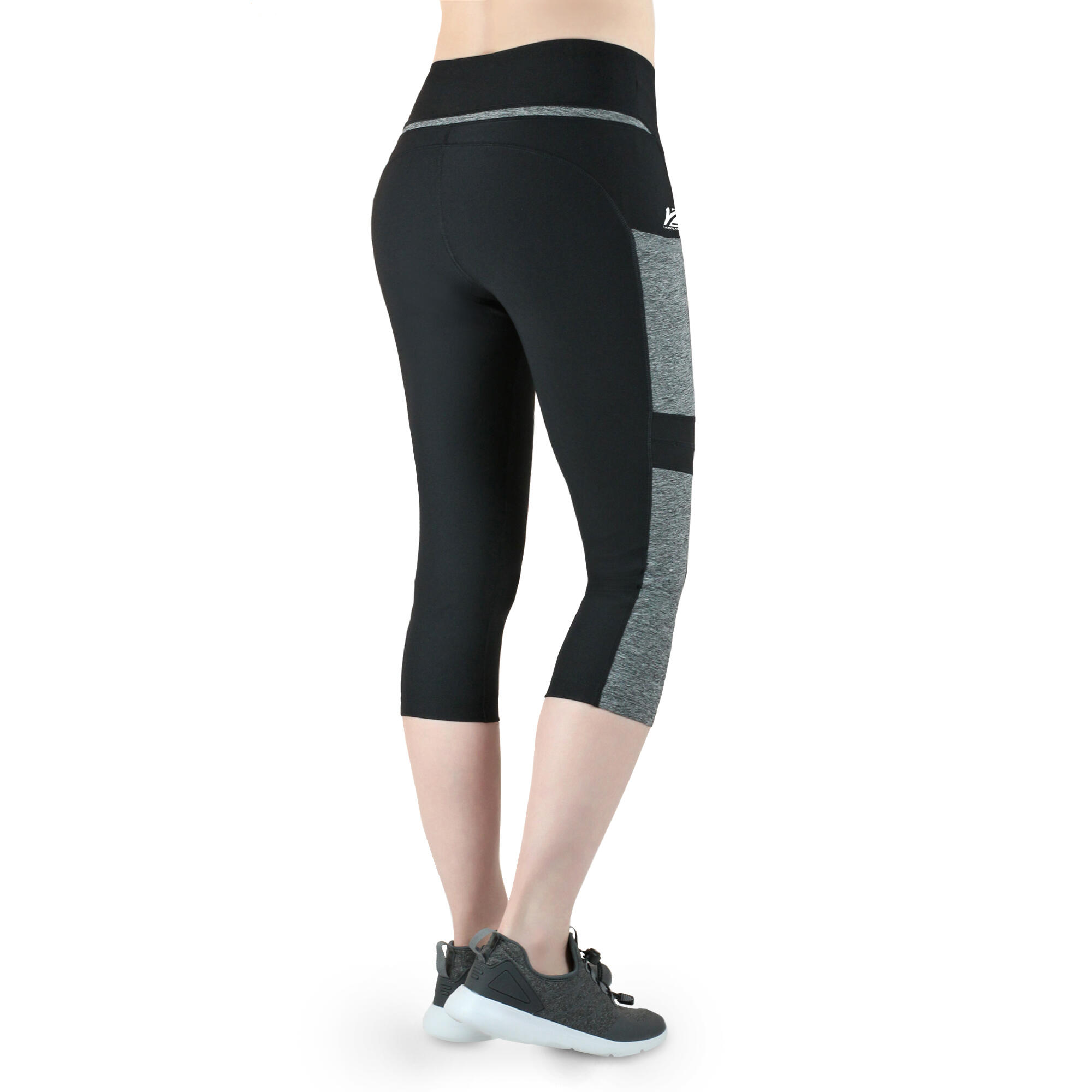 Damen 3/4 Laufhose Capri Hoher Bund, Atmungsaktiv, mit  Handytasche-grau 4/7