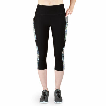 Damen 3/4 Laufhose Capri Hoher Bund, Atmungsaktiv, mit Handytasche-schwarz
