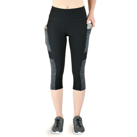 Damen 3/4 Laufhose Capri Hoher Bund, Atmungsaktiv, mit Handytasche-schwarz
