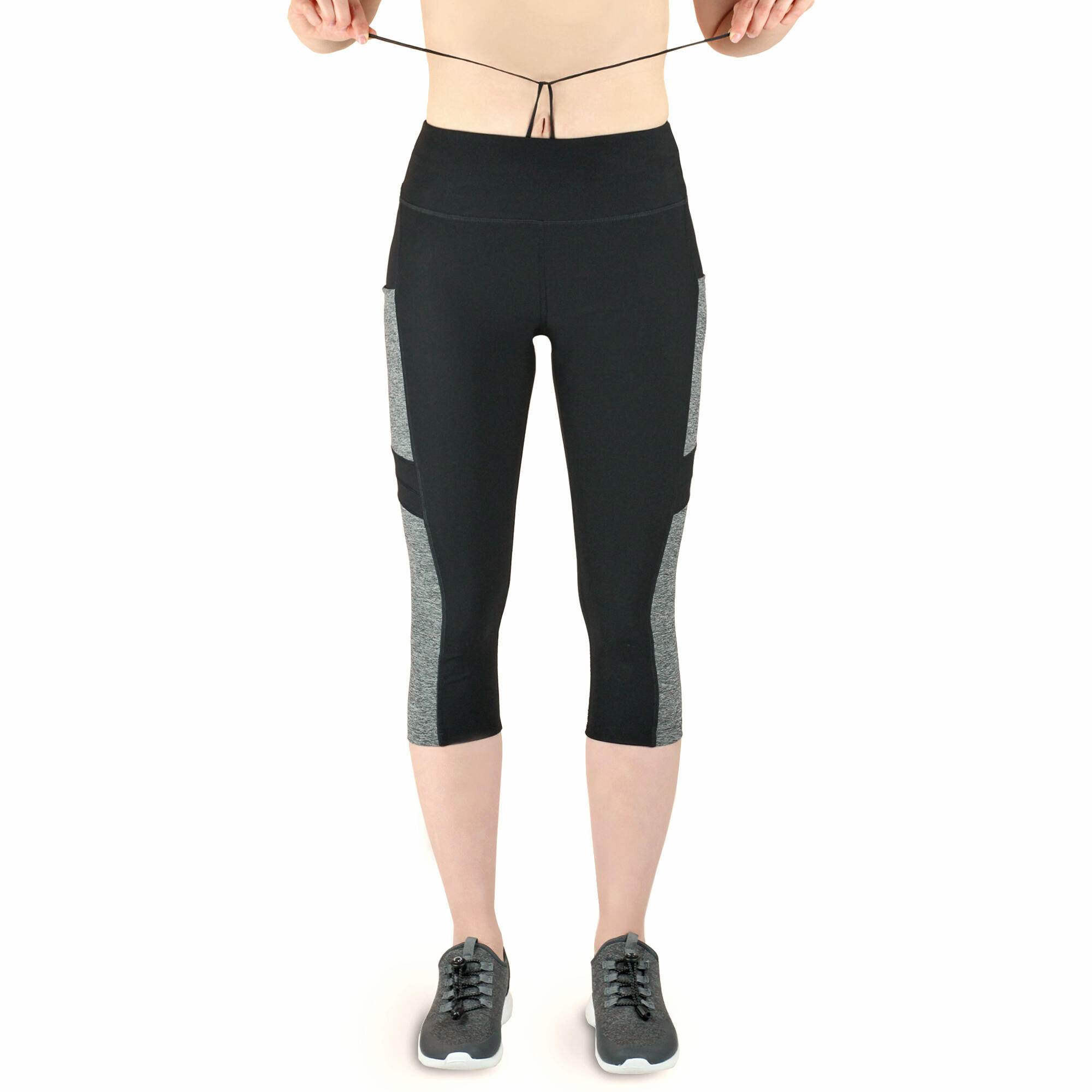 Damen 3/4 Laufhose Capri Hoher Bund, Atmungsaktiv, mit  Handytasche-grau 3/7