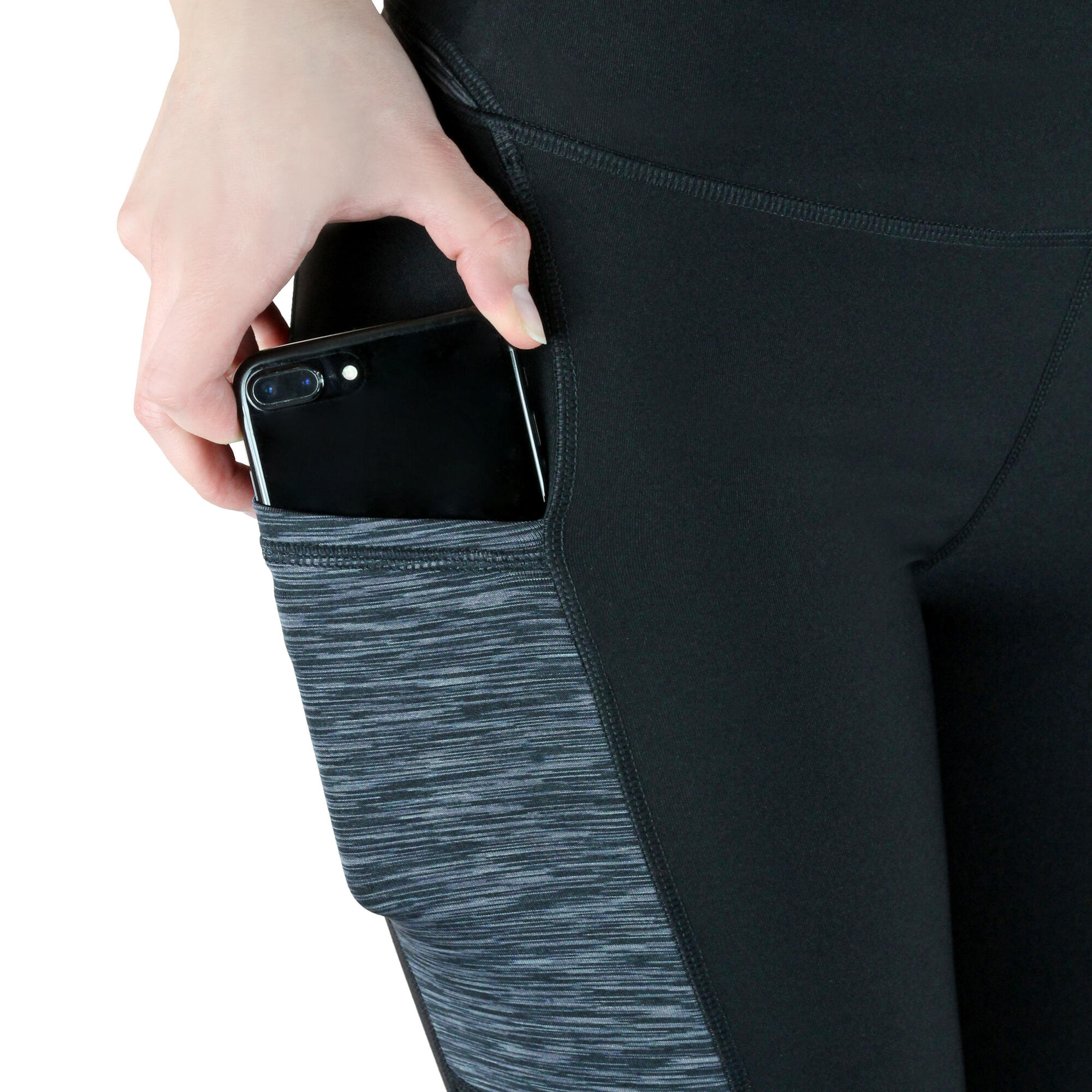 Damen 3/4 Laufhose Capri Hoher Bund, Atmungsaktiv, mit  Handytasche-grau schwarz 6/7